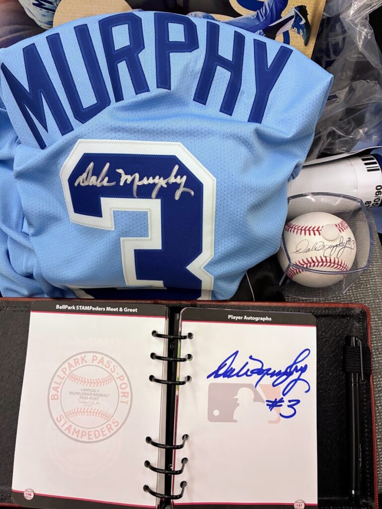 Jersey, baseball, and Ballpark Pass-Port signed by Dale Murphy