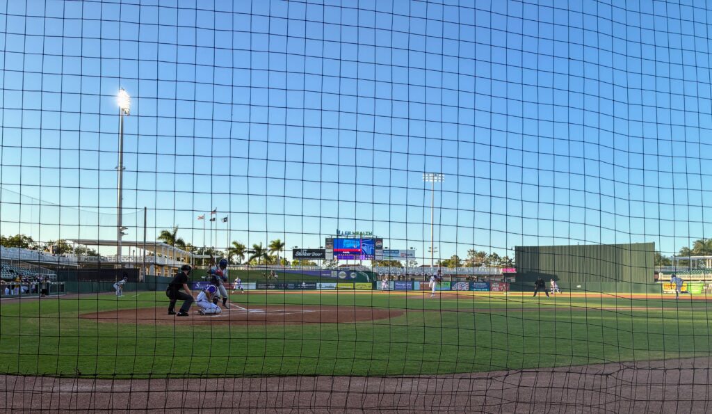 View from the first row at Hammond Stadium for Fort Myers Mighty Mussels baseball